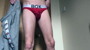 Hot Hung Straight Curious Teen in BOX Briefs Putting on Tight Grey Joggers