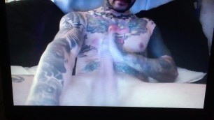 Bearded tattooed straight guy edging his huge thick cock