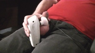 Stroking, using estim and vibrator to try and reach orgasm.